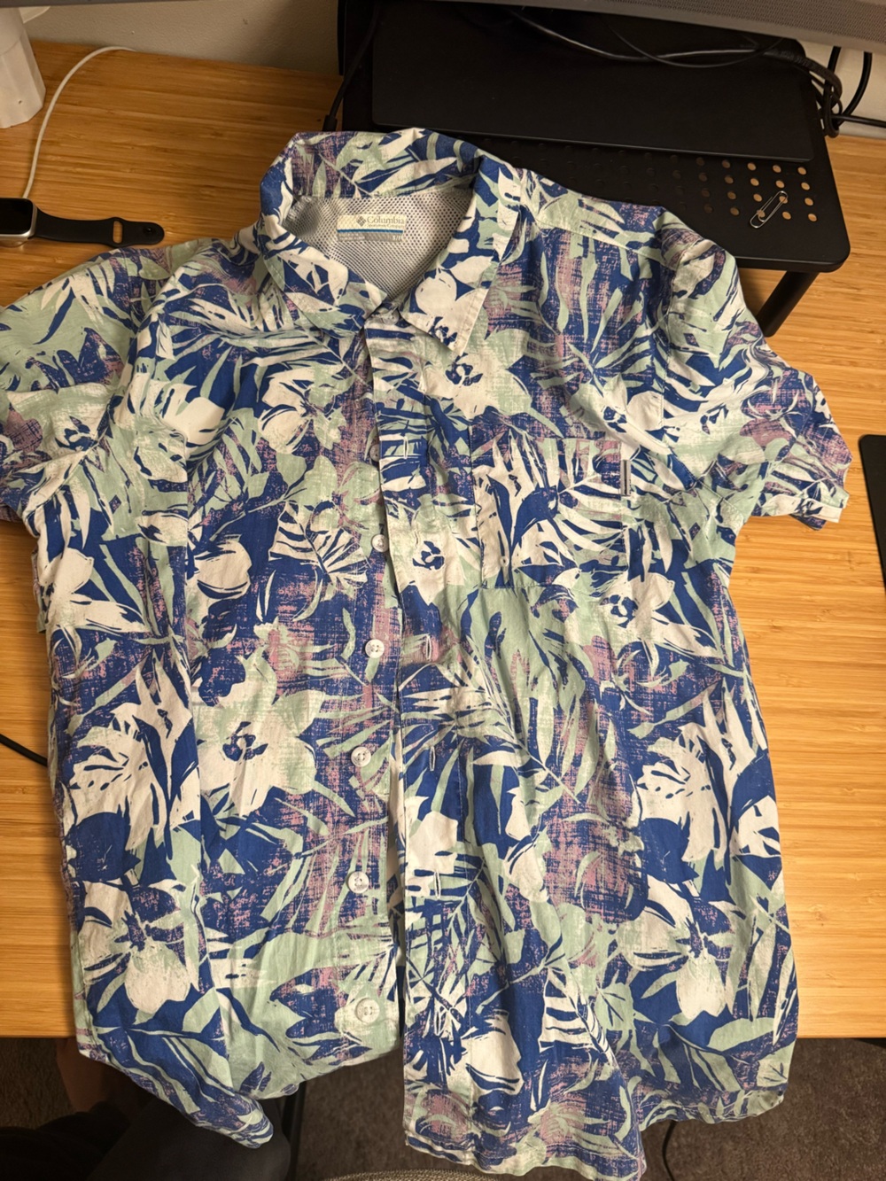 Columbia PFG Blue and White Tropical Print Button-Up Shirt Men’s Sz S